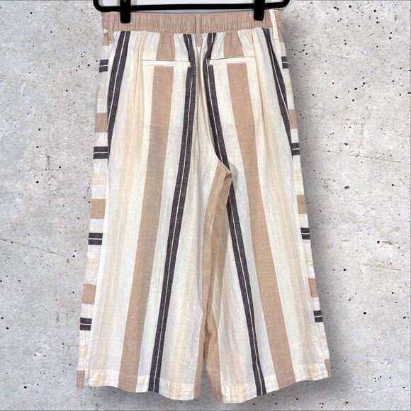 Anthropologie Crop Wide Leg Pants Linen Blend Women’s Medium Neutral Striped - Picture 3 of 9